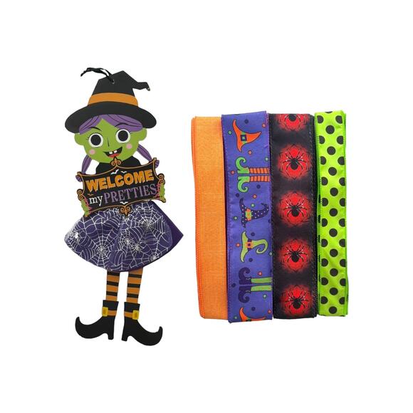 Halloween Witch Wreath Kit, Welcome My Pretties Sign & Ribbons, DIY Craft Bundle - Picture 1 of 8